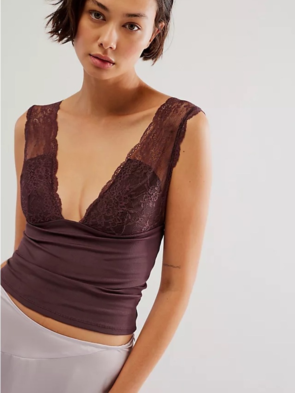 Free People Lace-Trim V-Neck Cami in Deep Plum